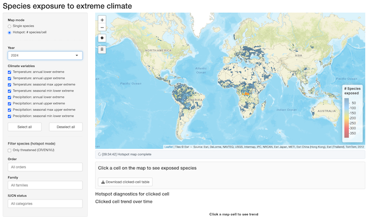 Screenshot of the Shiny app showing a species timeseries and map